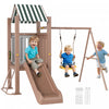 Qaba 4-in-1 Kids Swing Set with Slide, Heavy-Duty Metal Swing Set with Covered Fort, Climbing Ladder, Ground Stakes, Outdoor Play Structure for Playground, for Kids Ages 3-8, Brown