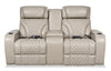 Elite 74\" Genuine Leather Massage Power Reclining Loveseat with Power Headrests and Storage Arms - Putty
