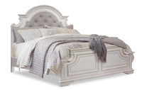 Grace Panel Bed with Headboard & Frame, Wooden, Fabric, Antique White - Queen Size