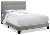 Tara Upholstered Bed in Grey Linen-Look Fabric, Button Tufted - Full Size
