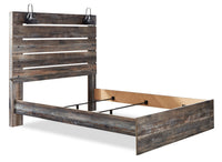 Abby Panel Bed with Headboard & Frame, LED, USB, Brown - Queen Size