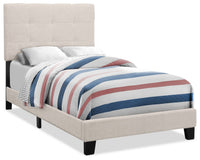 Tara Upholstered Bed in Beige Linen-Look Fabric, Button Tufted - Twin Size