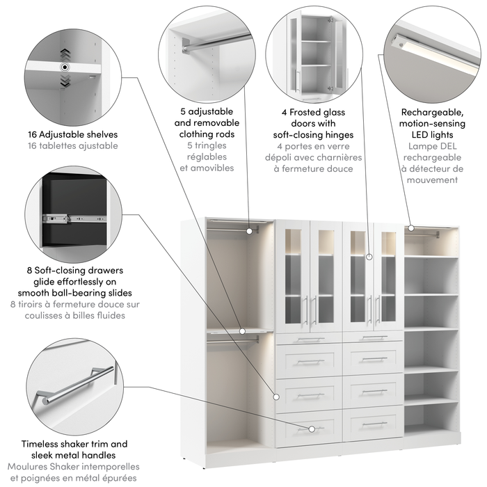 Bestar Florence 100\" Modular Walk-In Closet System with LED Lights, Rods, Shelves, Drawers and Doors