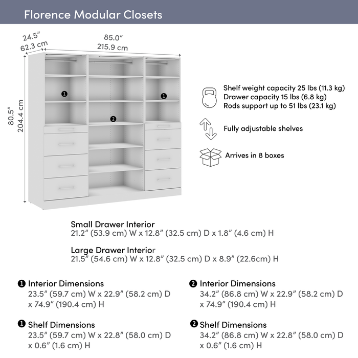 Bestar Florence 85\" Modular Reach-In/Walk-In Closet System with LED Lights and Storage - White