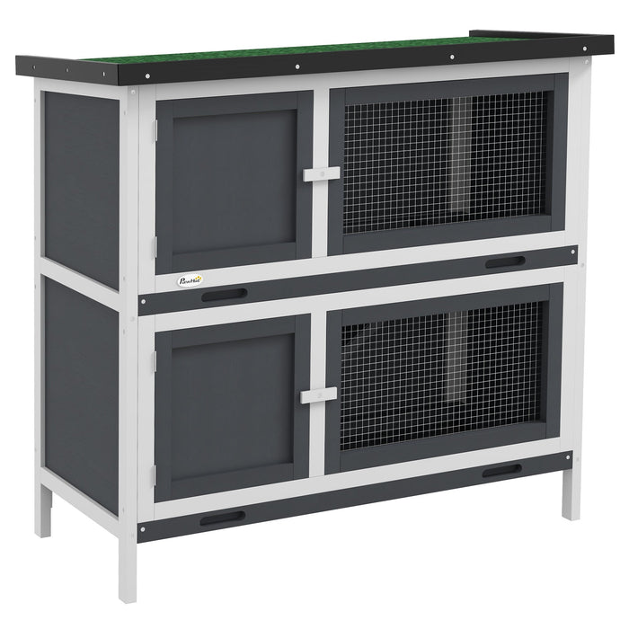 Pawhut Rabbit Hutch, Wooden 2 Tier Bunny Guinea Pig Cage With Openable Top, Slide-out Tray, Ramp, As
