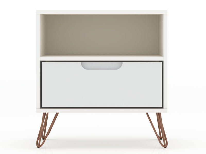 Manhattan Comfort Rockefeller Mid-Century Modern Nightstand with Drawer - White