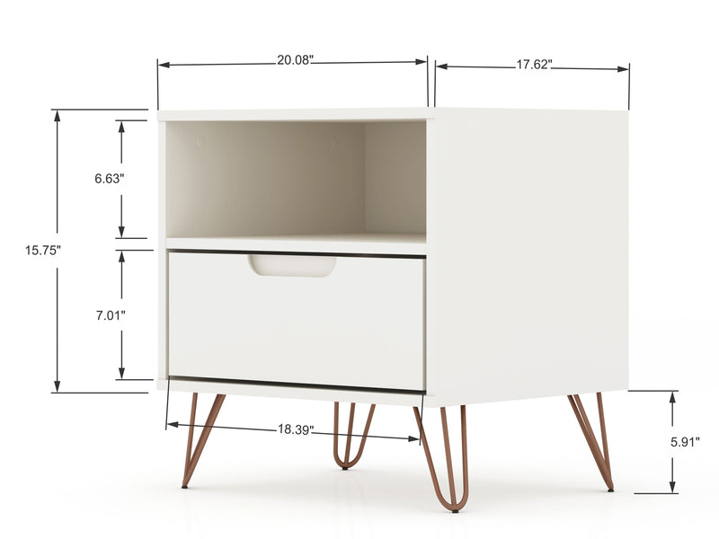 Manhattan Comfort Rockefeller Mid-Century Modern Nightstand with Drawer - White