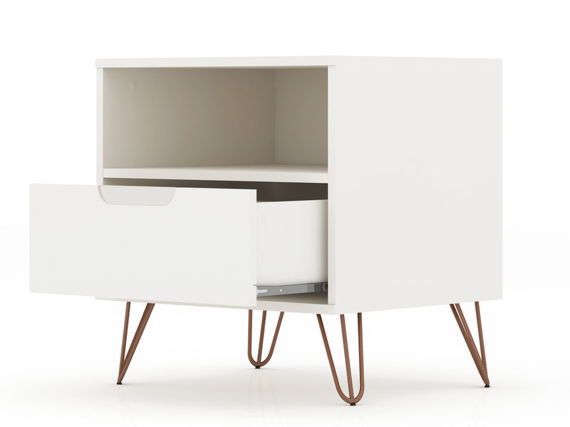 Manhattan Comfort Rockefeller Mid-Century Modern Nightstand with Drawer - White