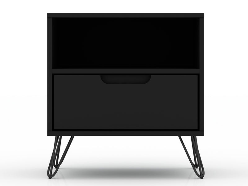 Manhattan Comfort Rockefeller Mid-Century Modern Nightstand with Drawer - Black