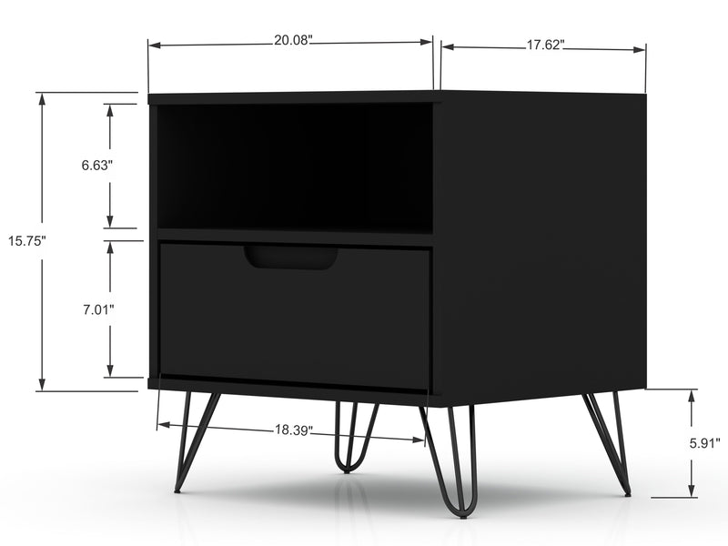 Manhattan Comfort Rockefeller Mid-Century Modern Nightstand with Drawer - Black
