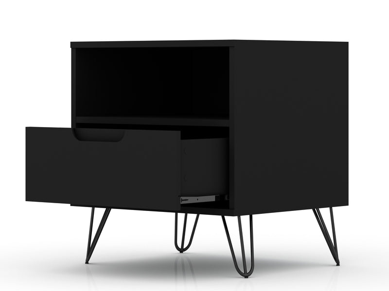 Manhattan Comfort Rockefeller Mid-Century Modern Nightstand with Drawer - Black