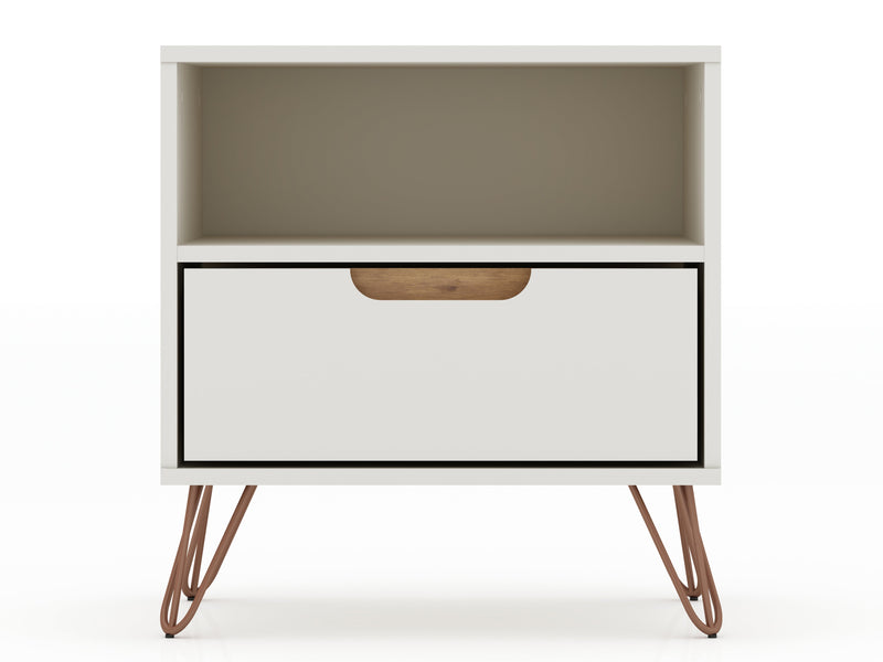 Manhattan Comfort Rockefeller Mid-Century Modern Nightstand with Drawer - Off White & Natural