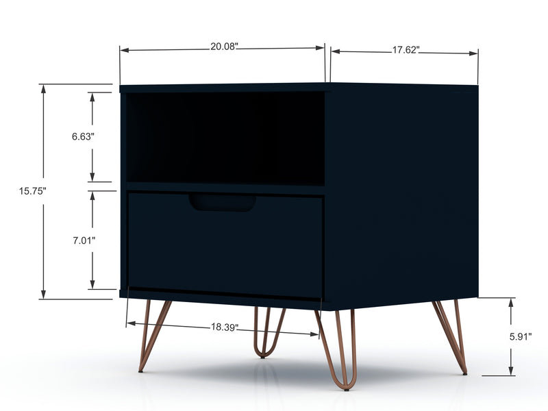 Manhattan Comfort Rockefeller Mid-Century Modern Nightstand with Drawer - Tatiana Midnight Blue