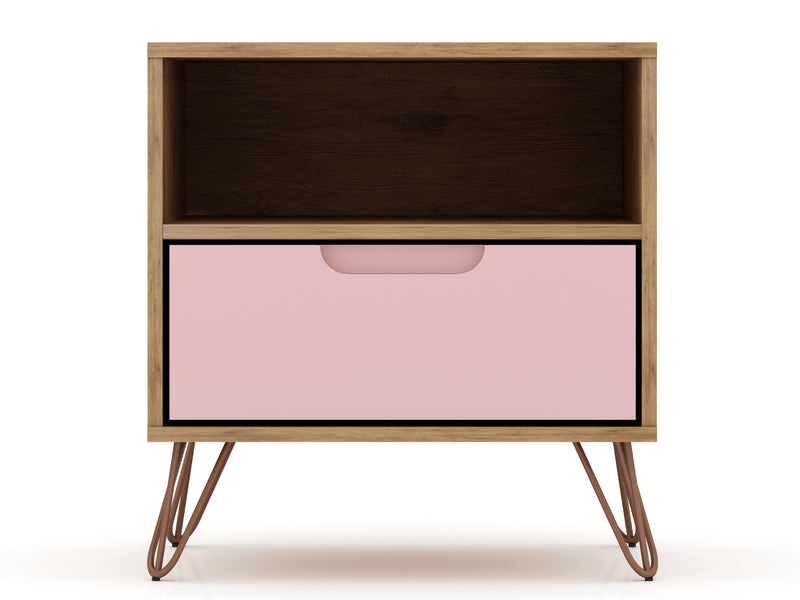 Manhattan Comfort Rockefeller Mid-Century Modern Nightstand with Drawer - Natural & Rose Pink