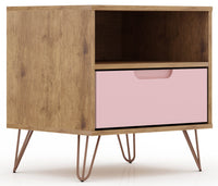 Manhattan Comfort Rockefeller Mid-Century Modern Nightstand with Drawer - Natural & Rose Pink