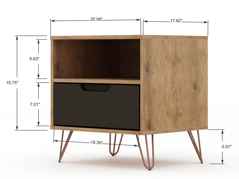 Manhattan Comfort Rockefeller Mid-Century Modern Nightstand with Drawer - Natural & Textured Grey