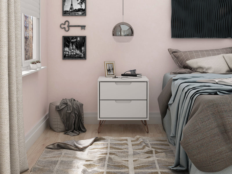 Manhattan Comfort Rockefeller Mid-Century Modern Nightstand with 2 Drawers - White