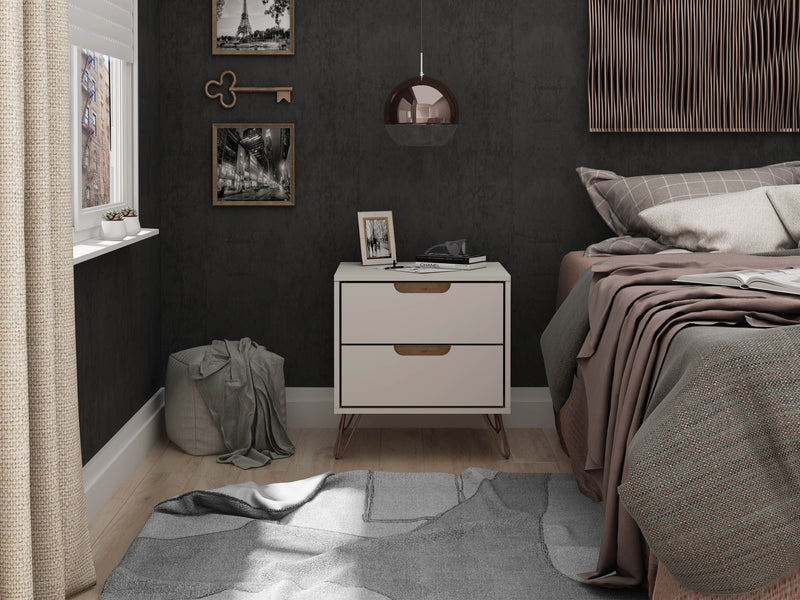 Manhattan Comfort Rockefeller Mid-Century Modern Nightstand with 2 Drawers - Off White & Natural