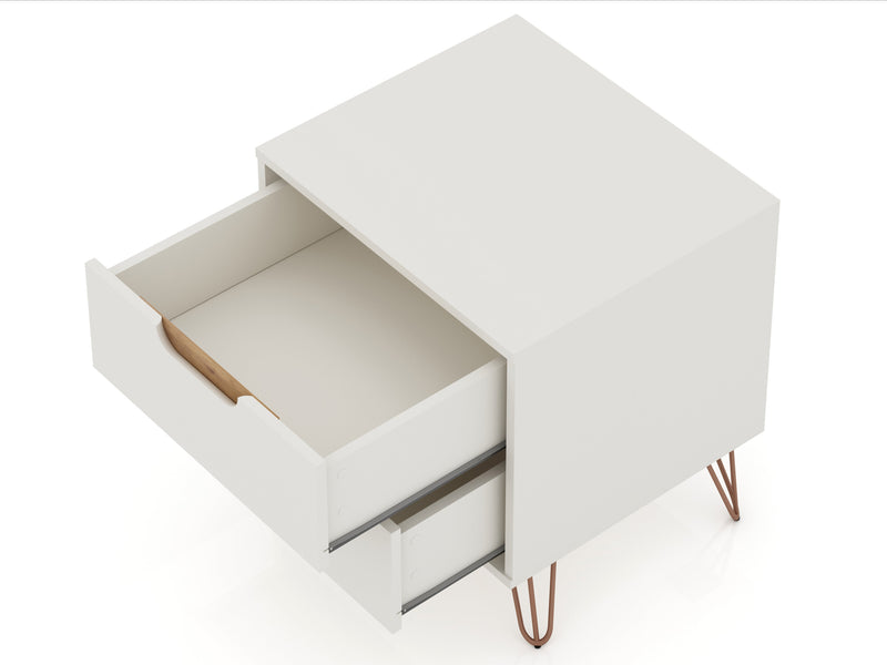Manhattan Comfort Rockefeller Mid-Century Modern Nightstand with 2 Drawers - Off White & Natural