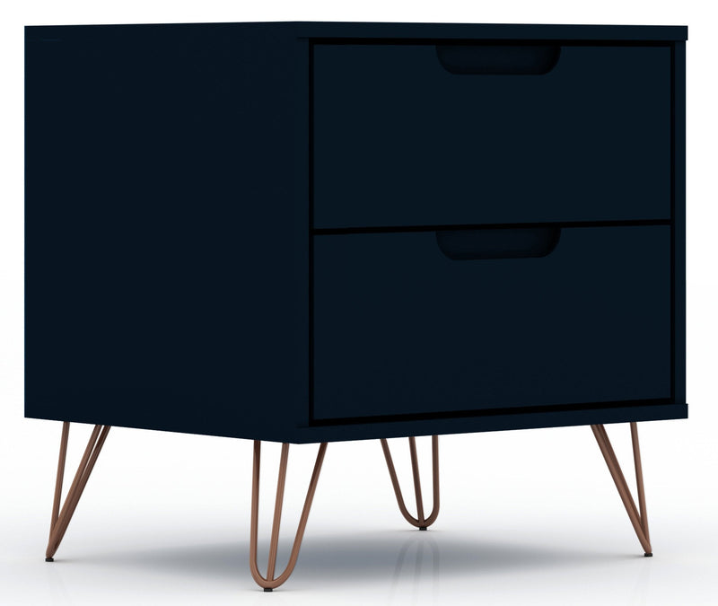 Manhattan Comfort Rockefeller Mid-Century Modern Nightstand with 2-Drawers - Tatiana Midnight Blue