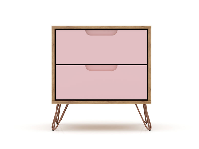 Manhattan Comfort Rockefeller Mid-Century Modern Nightstand with 2-Drawers - Natural & Rose Pink