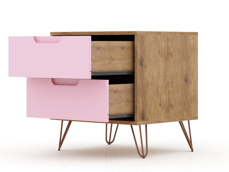 Manhattan Comfort Rockefeller Mid-Century Modern Nightstand with 2-Drawers - Natural & Rose Pink