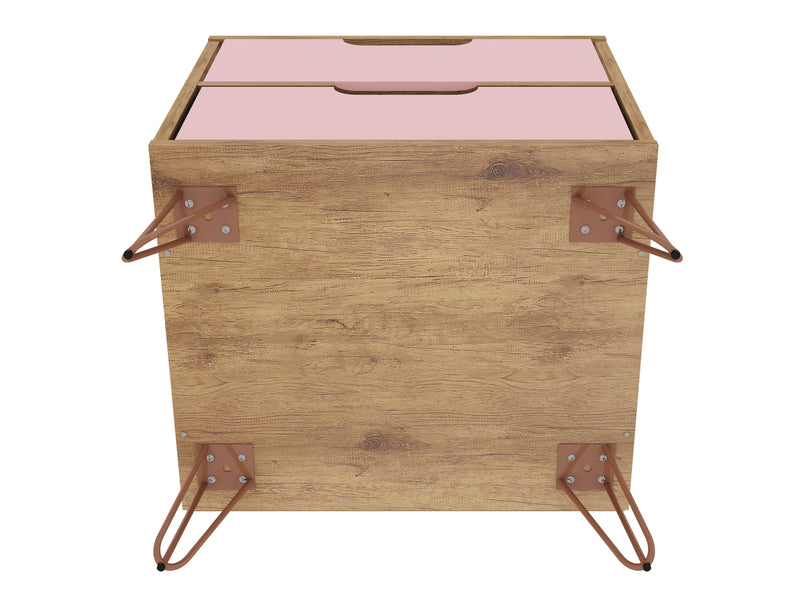 Manhattan Comfort Rockefeller Mid-Century Modern Nightstand with 2-Drawers - Natural & Rose Pink