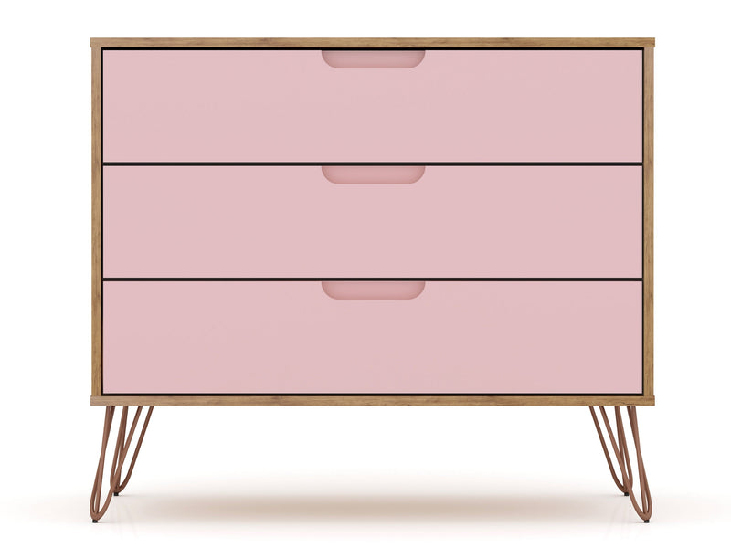 Manhattan Comfort Rockefeller Mid-Century Modern Dresser with 3-Drawers - Natural & Rose Pink