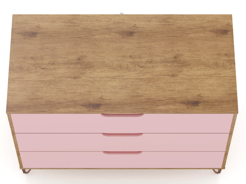 Manhattan Comfort Rockefeller Mid-Century Modern Dresser with 3-Drawers - Natural & Rose Pink