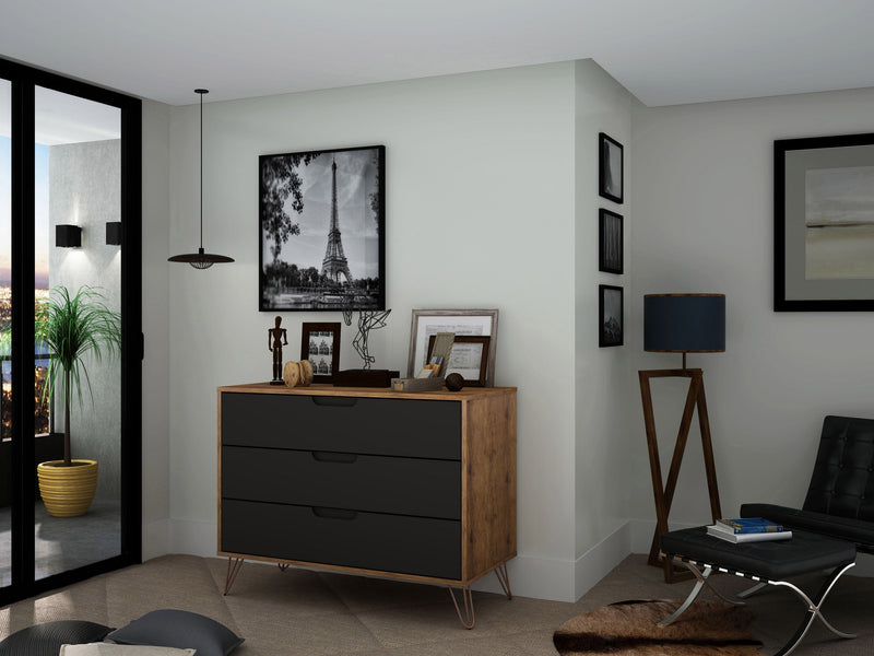 Manhattan Comfort Rockefeller Mid-Century Modern Dresser with 3-Drawers - Natural & Textured Grey