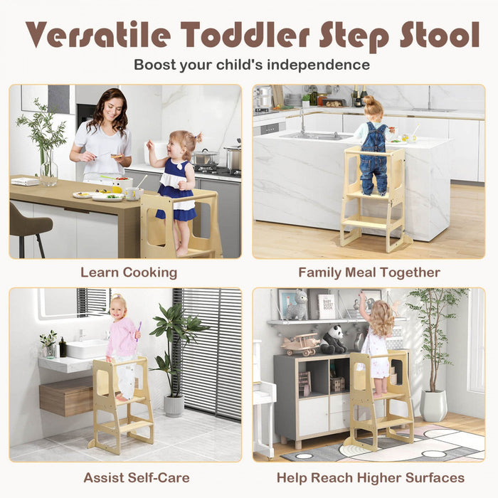 Costway 3-in-1 Foldable Kitchen Standing Tower For Toddlers With Chalkboard Weaning Table Natural