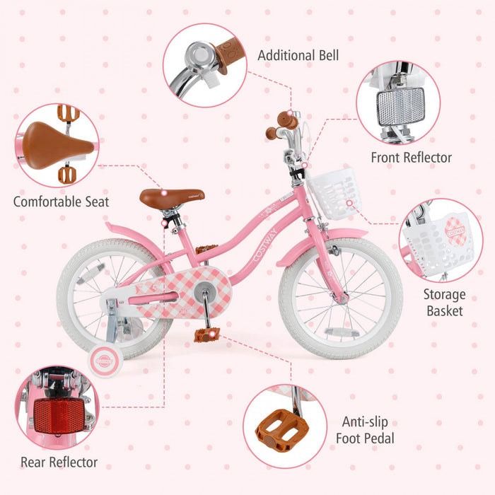 Costway 16" Kids Bike Toddler Adjustable Bicycle With Training Wheel For 4-7 Years Old Girl Pink