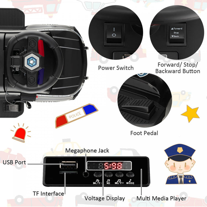 2-in-1 6v Kids Ride On Police Car Toddler Push Car W/ Megaphone & Siren Black