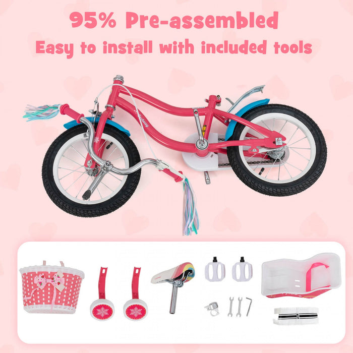 Costway 18" Kids Bike For 4-8 Years Old With Basket Doll Seat & Colorful Streamers Kickstand Pink