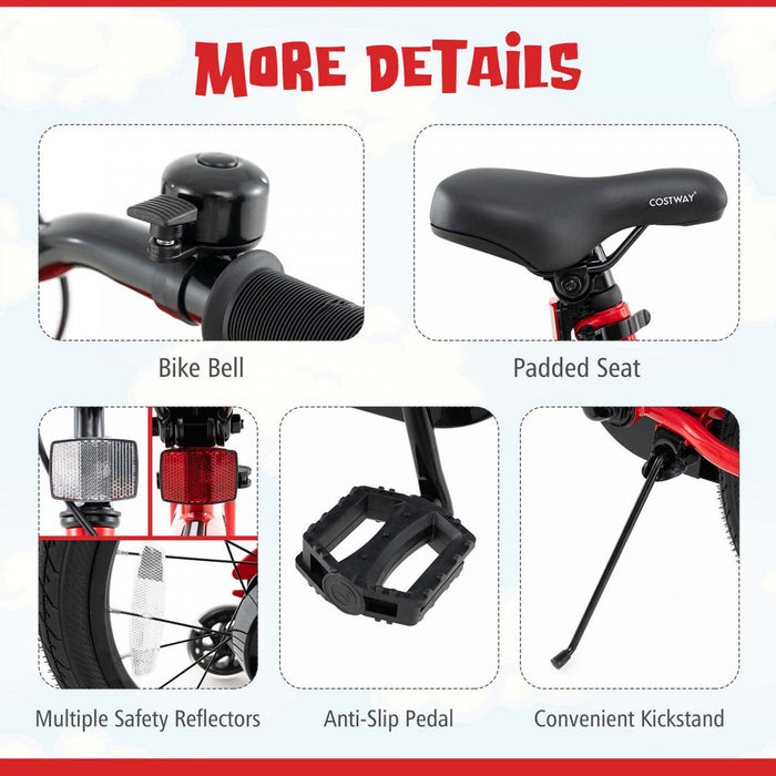 Costway 18" Led Lighted Kids Bike With Adjustable Seat Coaster Brake Training Wheels Red