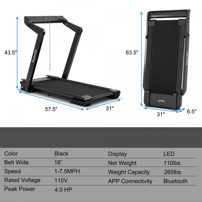 Superfit 4.0hp Foldable Electric Treadmill Jogging Machine W/bluetooth Black