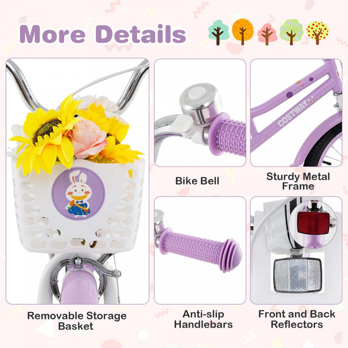 Costway 18" Girl Bike With Basket Detachable Training Wheels Adjustable Seat Handbrake Coaster Brake Purple