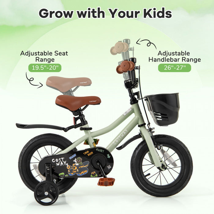 Costway 12" Kid's Bike With Training Wheels Adjustable Handlebar & Seat Handbrake Green