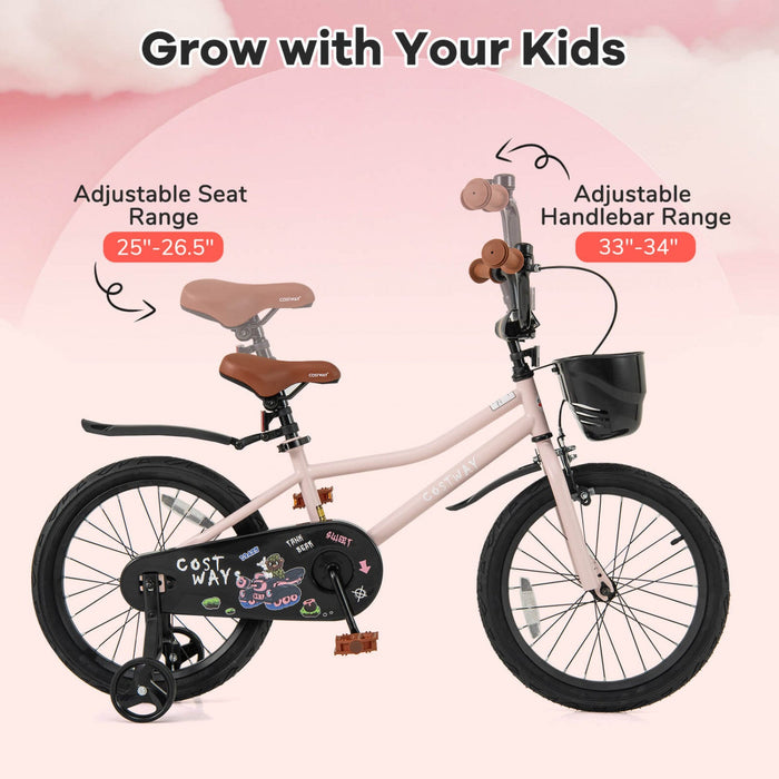 Costway 18" Kid's Bike With Training Wheels Adjustable Handlebar & Seat Handbrake Pink
