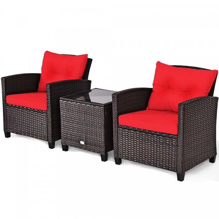 Costway 3pcs Patio Rattan Furniture Set Cushioned Conversation Set Sofa Coffee Table Red
