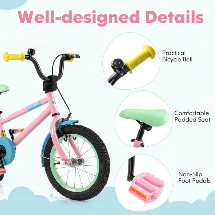 Costway 14" Kids Bike With Adjustable Saddle Handlebar Removable Training Wheels Handbrake Pink