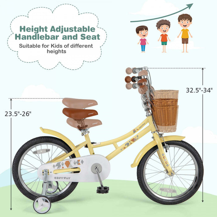 Costway 18" Kids Bike With Height Adjustable Handlebar Seat Basket Bell Training Wheels Yellow