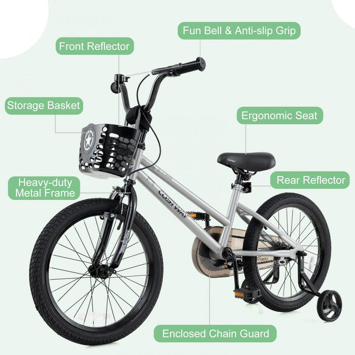 Costway 16" Kid's Bike With Training Wheels Adjustable Handlebar & Seat Handbrake Silver