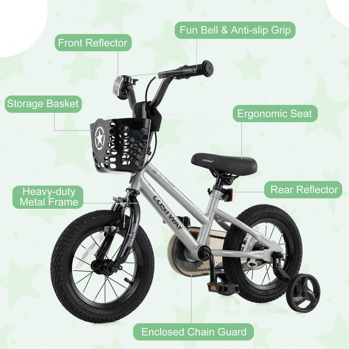 Costway 12" Kid's Bike With Training Wheels Adjustable Handlebar & Seat Handbrake Silver