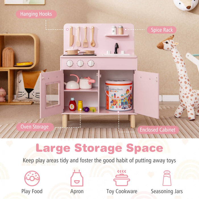 Costway Kids Kitchen Playset With Light Up Stove & Cooking Sounds Oven Sink Faucet Pink