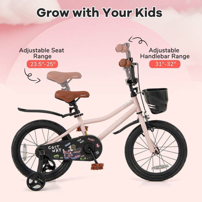 Costway 16" Kid's Bike With Training Wheels Adjustable Handlebar & Seat Handbrake Pink
