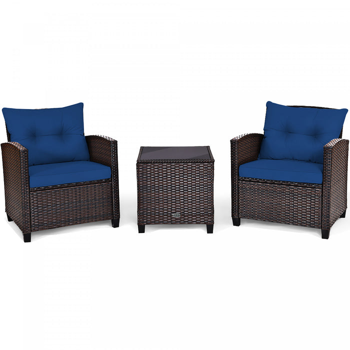 Costway 3pcs Patio Rattan Furniture Set Cushioned Conversation Set Coffee Table Navy