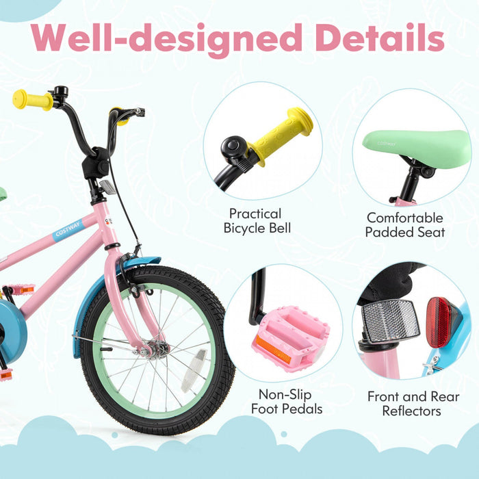Costway 16" Kids Bike With Adjustable Saddle Handlebar Removable Training Wheels Handbrake Pink