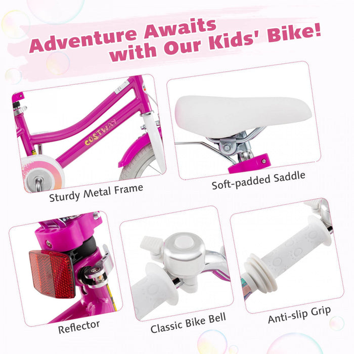 Costway 14" Kids Bike With Training Wheels Doll Seat Basket Streamers Hand Brake Pink