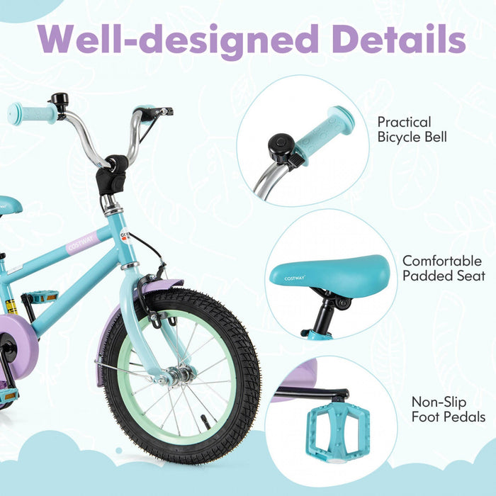 Costway 14" Kids Bike With Adjustable Saddle Handlebar Removable Training Wheels Handbrake Blue